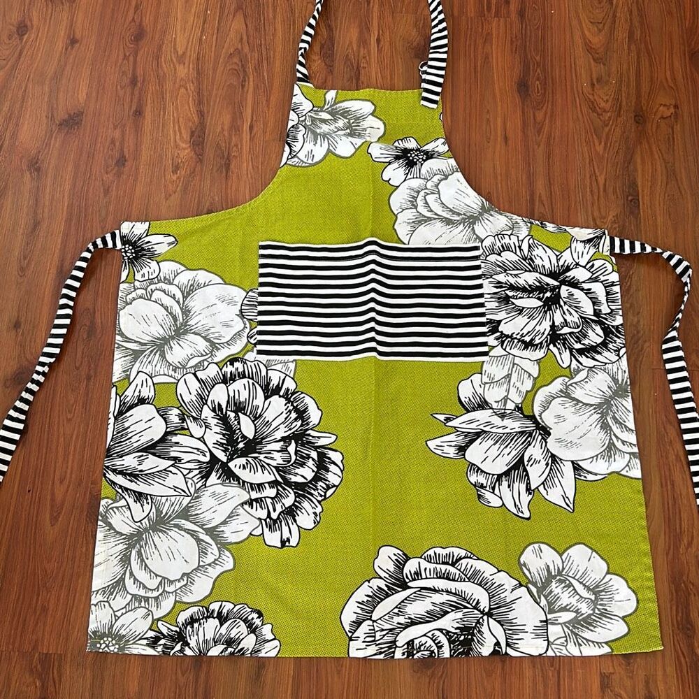 MacKenzie-Childs Lime Green Floral Apron with Black & White Stripes